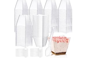 100 Pcs Plastic Dessert Cups with Spoons, 4 oz Square Plastic Appetizer Cups, Clear Mini Parfait Cup with Spoon for Pudding I