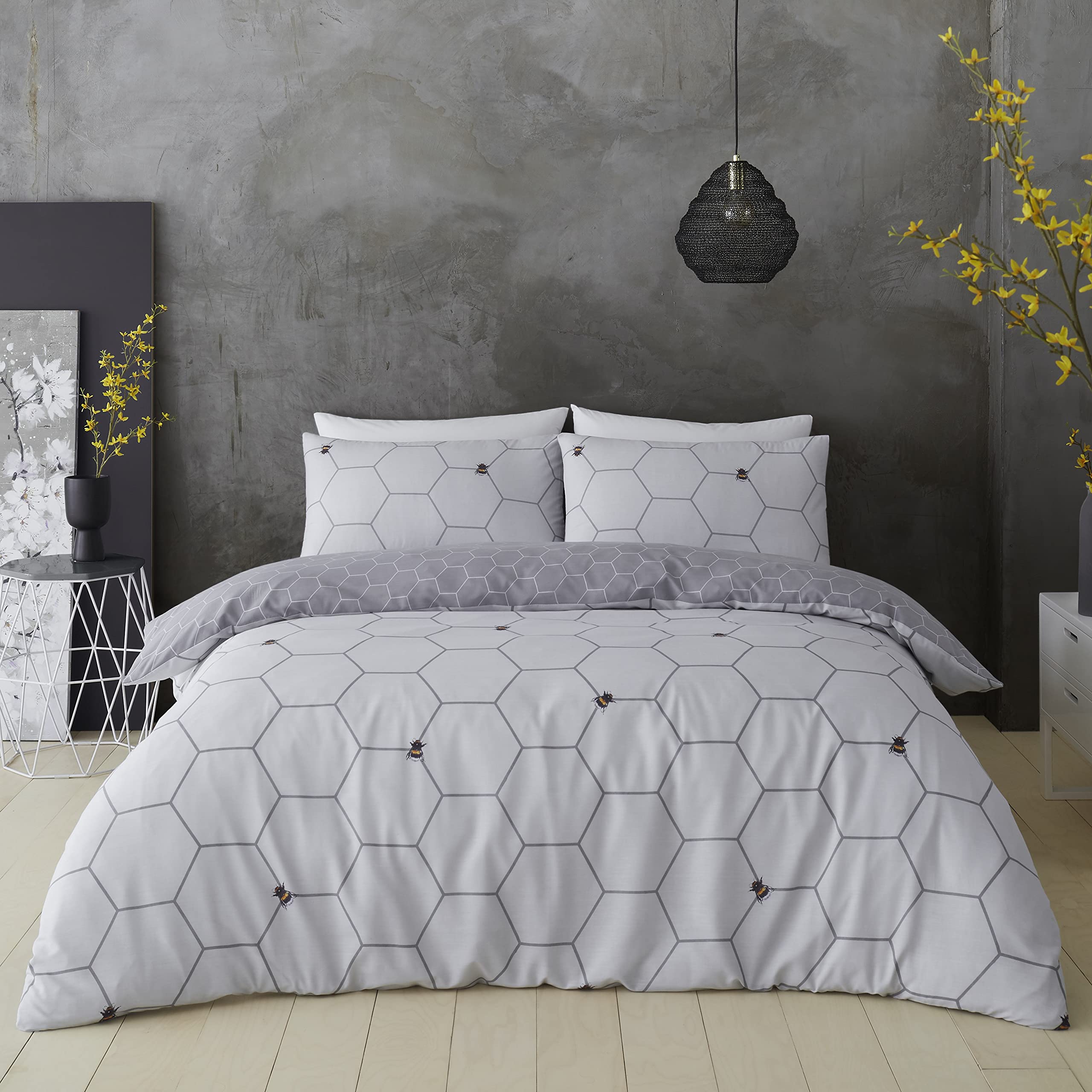 GC GAVENO CAVAILIA Printed Duvet Cover Sets, Reversible Bedding Bed Set, Polycotton Quilt Covers, Bee Happy-Grey, King — image 1
