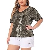 Agnes Orinda Plus Size Sequin Tops for Women Sparkly V Neck Short Sleeve Party Tops Blouses