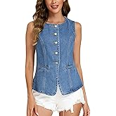 Ladyful Womens Denim Vest Top Button Down Jean Vest Tank Tops Sleeveless Crewneck Jean Waistcoat with Pockets
