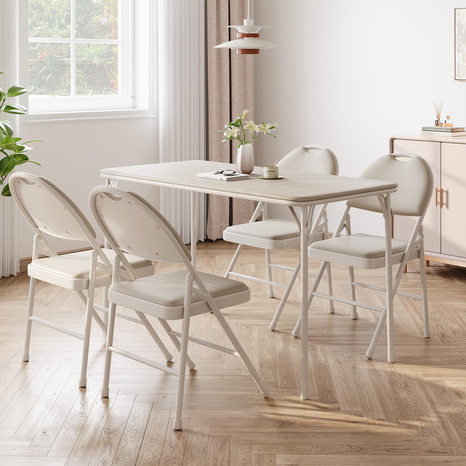 Photo 1 of ***TABLE ONLY**NO CHAIRS***IDEALHOUSE Protable Folding Table and Chairs, 5 Piece Folding Card Table and Chairs Set, Foldable PU Upholstered Table and Chairs Set of 5, for Dining Room, Living Room, Office, Camping, Beige***TABLE ONLY**NO CHAIRS***