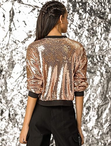 Allegra K Women's Sequin Jacket Bomber Long Sleeve Zipper Shiny Glitter  Tops Sparkly Party Slitter Outfit Larg
