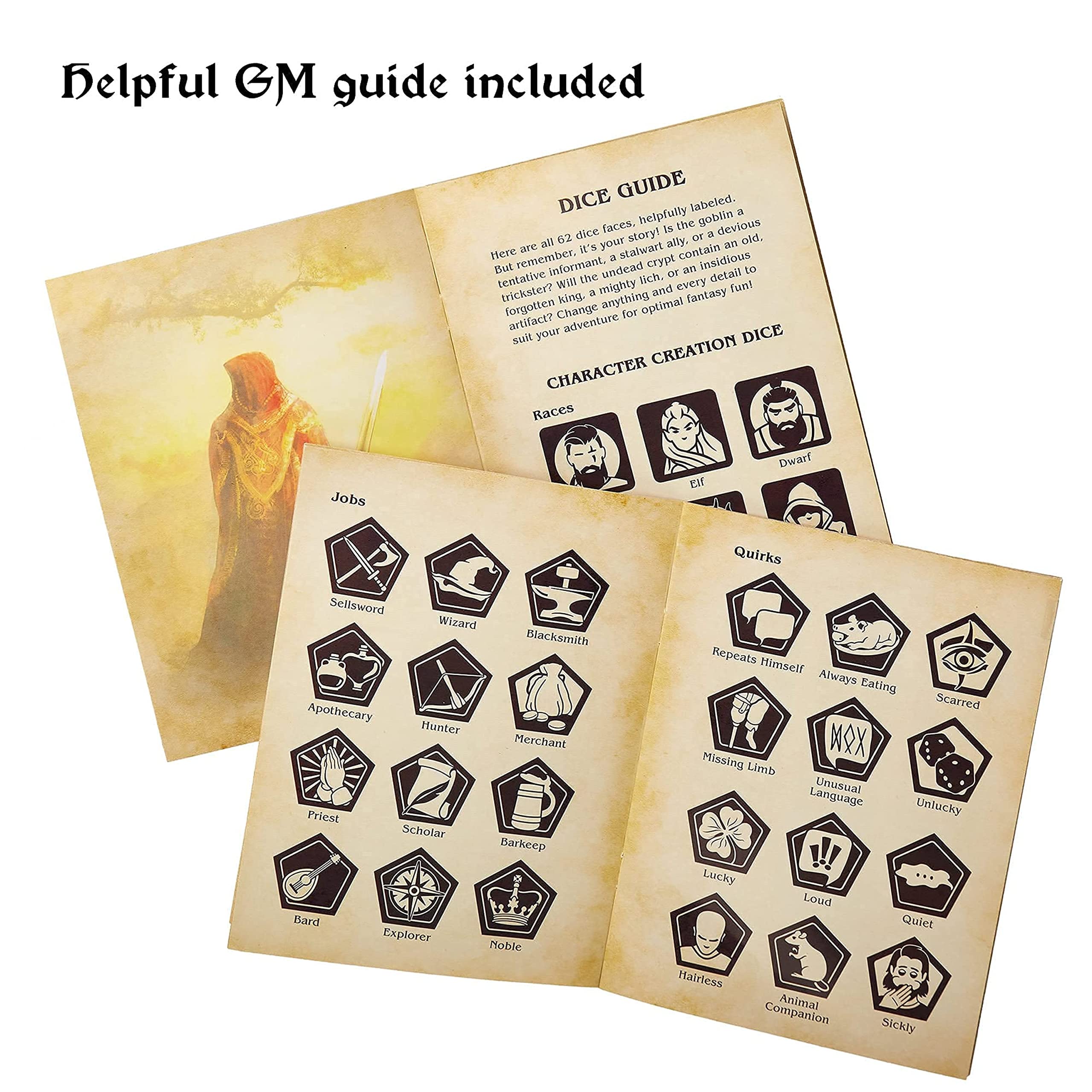 Scrying Stones - DM Scenario Dice - RPG Game Master TTRPG & D&D Accessory Set - 7 Custom Polyhedral Geek Tools for Creating Random Fantasy NPCs, Dungeons, Characters, Quests, and Treasure