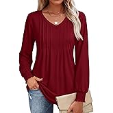 YUCOLEN Womens Long Sleeve Shirt V Neck T Shirts Pleated Dressy Casual Blouses Ruffle Cuffs Loose Tunic Tops