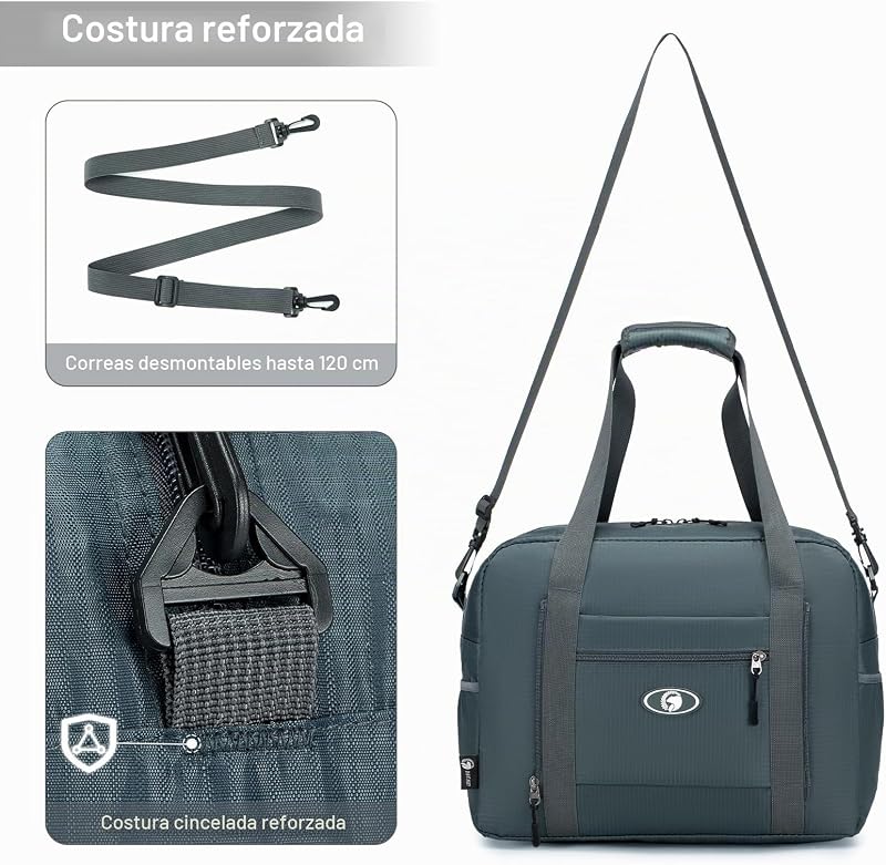 Bolsa de Viaje 40x30x20 Plegable Para Vueling Wizzair - Maleta de Mano Impermeable de Hombro, Deportiva y Fines de Semana 25L Gris