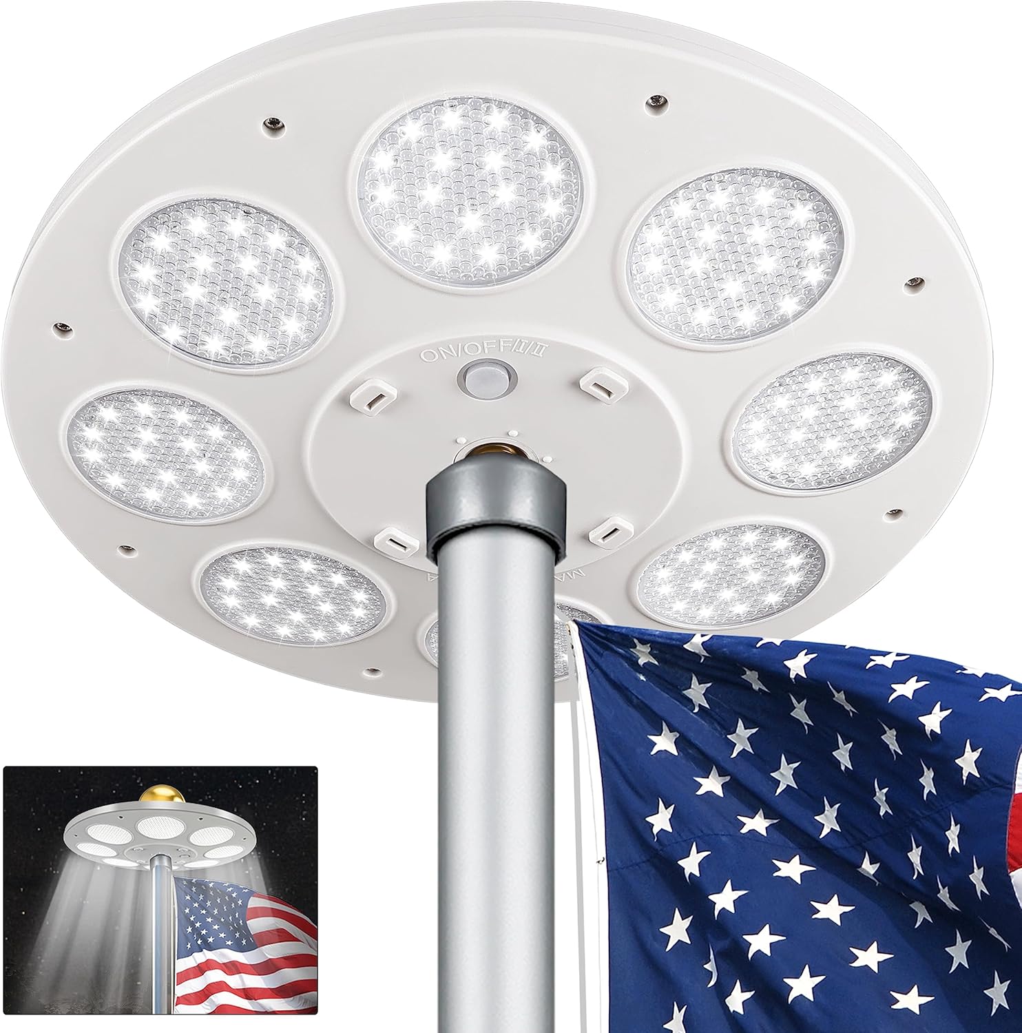 Flagpole Hardware - Aurolit Flagpole Light Solar Powered,Auro 5 Flag Pole Light 136 LED for 15-25 Ft Poles,12 Hour Dusk to Dawn Auto On/Off,Spectacular Aurora Lighting on Outdoor Pole Top