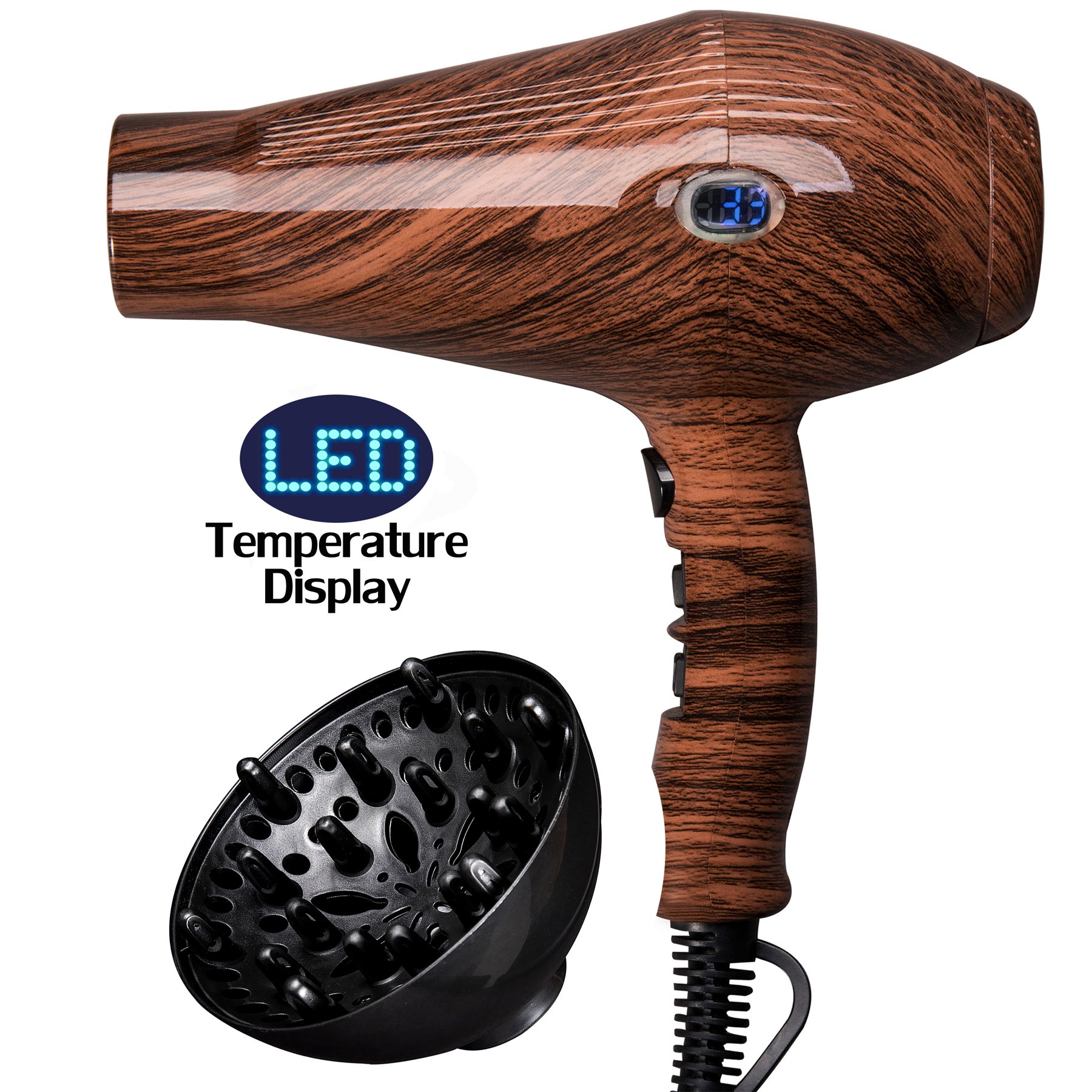 PLEXTONE 1875W Quick Dry Lightweight Professional Ceramic Hair Dryer Multifunctional Settings and ETL Certified Plug Cold Shot Button(some have) 2 Speeds 3 Heat Settings Concentrator Diffuser (Wooden)