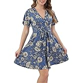 Aphratti Women's Fit and Flare Summer Dresses V Neck Short Sleeve High Waist Casual Floral Faux Wrap Dress
