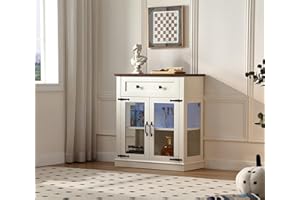 FOREST GRAVITY 31.5'' Modern Small Buffet Cabinet with Storage,Buffet Sideboard with Two Glass Doors and a Drawer,Small Coffee bar Cabinet with Adjustable Shelf,for Kitchen,Antique White