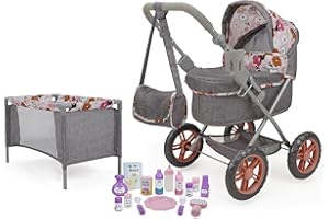 509 Crew 18-Piece Doll Deluxe Pram Set, Stroll n Play & Care, Combo Playset with Toy Pram, Doll's Travel Bed, Play Diaper Bag