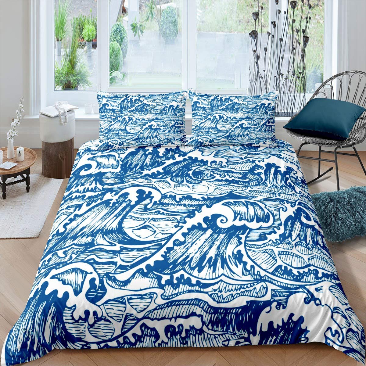 Ocean Wave Comforter Cover Japanese Hokusai Bedding Set for Kids Boys Girls Japanese-Style Sea Wave Duvet Cover Exotic Japanese Blue Decor Bedspread Cover with 1Pillowcases 2Pcs Single