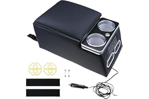 Black Universal Truck Seat/Bench Organizer with Cup Holders, Armrest, LED Light, USB Port, and Padded Top Lid - Ideal for Bus