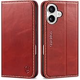 SHIELDON Case Wallet for iPhone 17 5G 6.3" 2025 | Genuine Leather | RFID Blocking Card Holder | Folio Magnetic Closure | Kickstand | Shockproof | Full Protective Cover | Retro Red