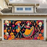 HOMETITUTE Day of the Dead Dance Garage Door Cover 13x6 ft | Polyester,dancing skeleton couple,dia de los muertos backdrop for patio,street party,garage gate