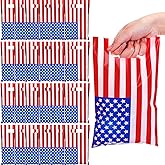 Chivertion 100 Pcs Patriotic Plastic Gift Bags Bulk American Flag Veterans Day Red White and Blue Party Favors Bags with Handles for Veterans Military Soldier Army Party Decoration