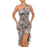 Caracilia Womens One Shoulder Dresses 2026 Summer Bodycon Ruched Mesh Cocktail Party Wedding Guest Sexy Night Club Midi Dress