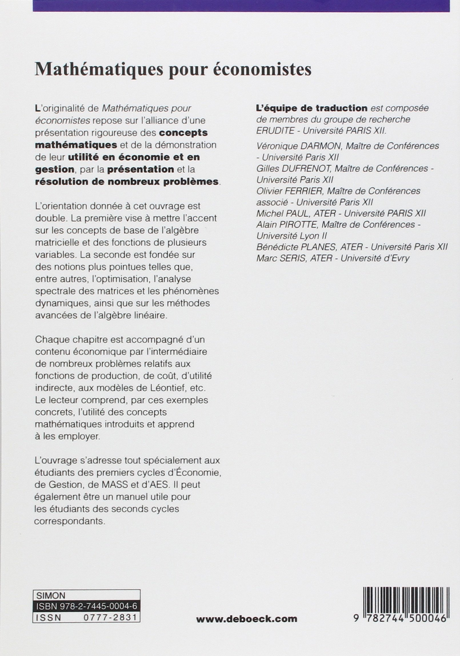 Mathematiques Pour Economistes Ouvertures Economiques French Edition Simon Carl P Blume Lawrence 9782744500046 Amazon Com Books