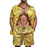 ZSJR Mens Hawaiian Shirt Sets Satin Silk Casual Button Down Shirts 2 Piece Luxury Summer Beach Outfits for Men
