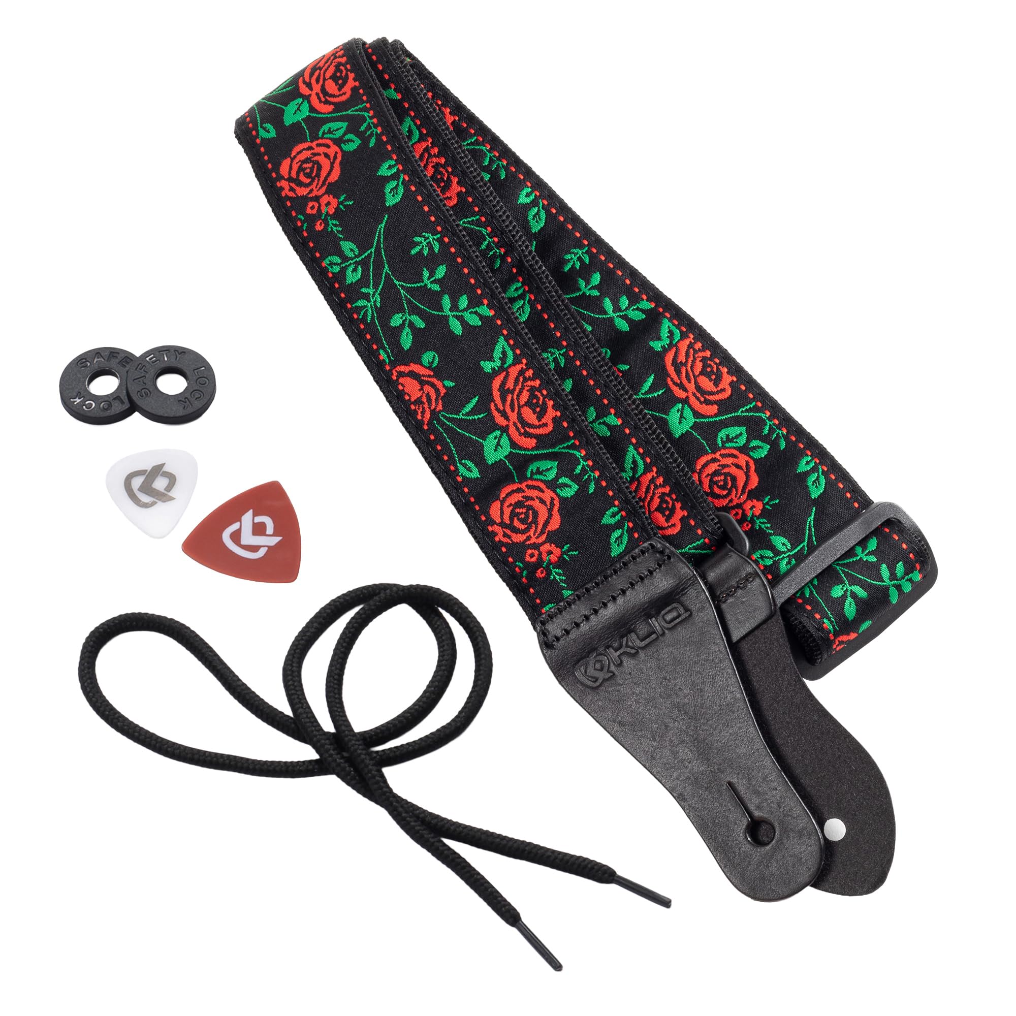 KLIQ Vintage Woven Guitar Strap for Acoustic and Electric Guitars | '60s Jacquard Weave Hootenanny Style | 2 Rubber Strap Locks Included, Red Rose