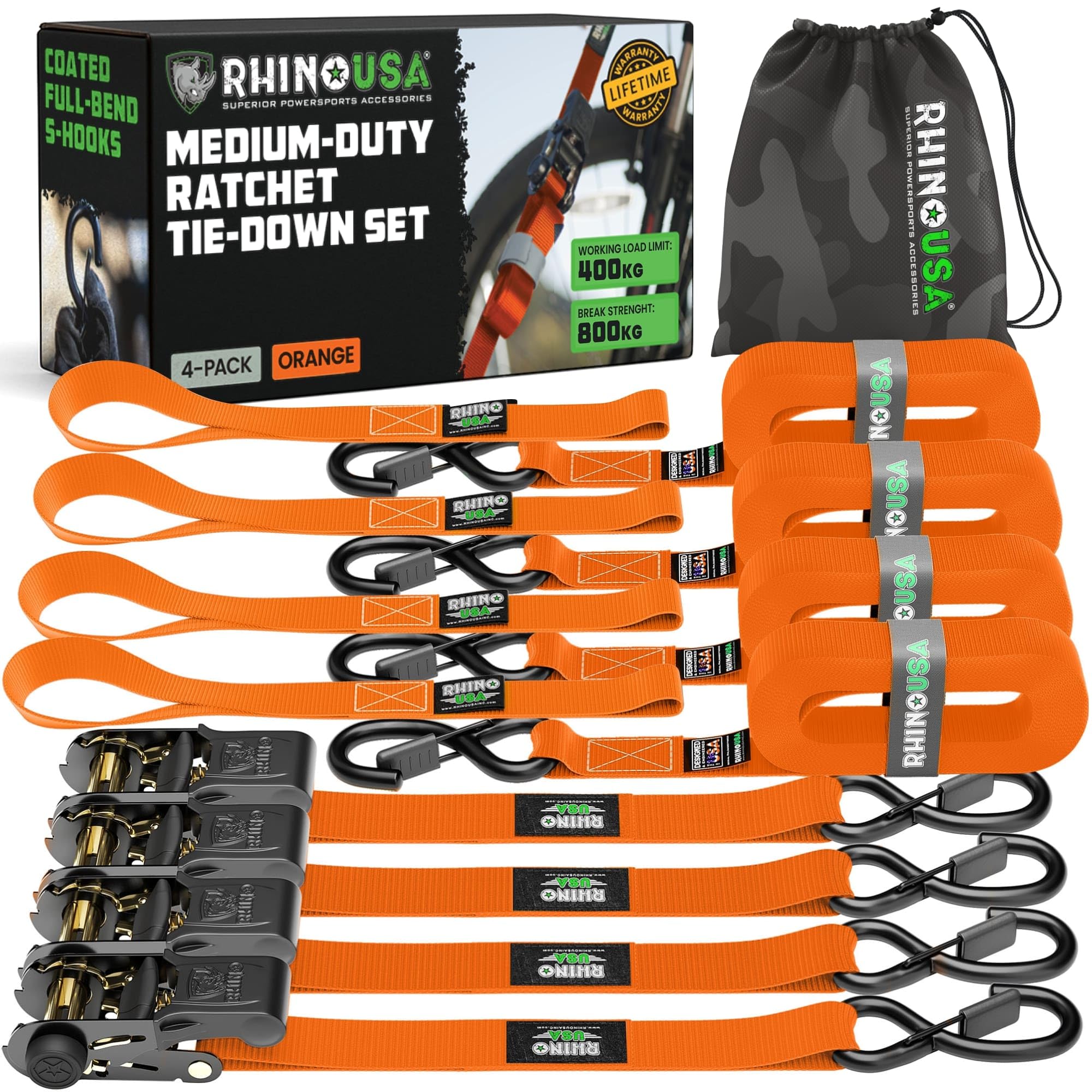 Rhino USA Ratchet Straps Tie Downs (4-Pack) - 2.5cm x 4.6m (800kg Break Strength) - Ultimate Tie Down Straps with Safety S Hooks - Premium Straps for Trucks, Cargo, Moving, Appliances - Orange