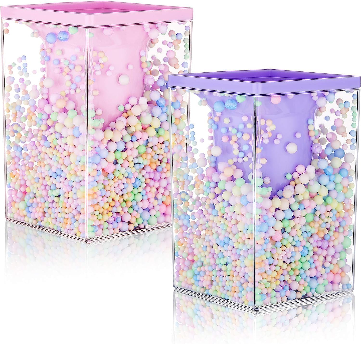 QESSUVNC 2Pcs Cute Pen Holder Multi-Purpose Desktop Organizer Stationery Pen Holder for Desk, Makeup Brush Storage Holder Pencil Box Acrylic Storage Organiser with Colored Bubble Ball(Pink And Purple)