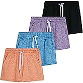 Real Essentials 4 Pack: Girls Athletic Performance Dry-Fit Running Shorts with Drawstring & Pockets