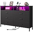 Dresser for bedroom, Fabric Black Bedroom Dresser with LED Lights and Charging Station, 6 Long Drawers Dressers, Tall Wide Chest of Drawers Storage Organizer TV Stand for up to 60" TV for Living Room