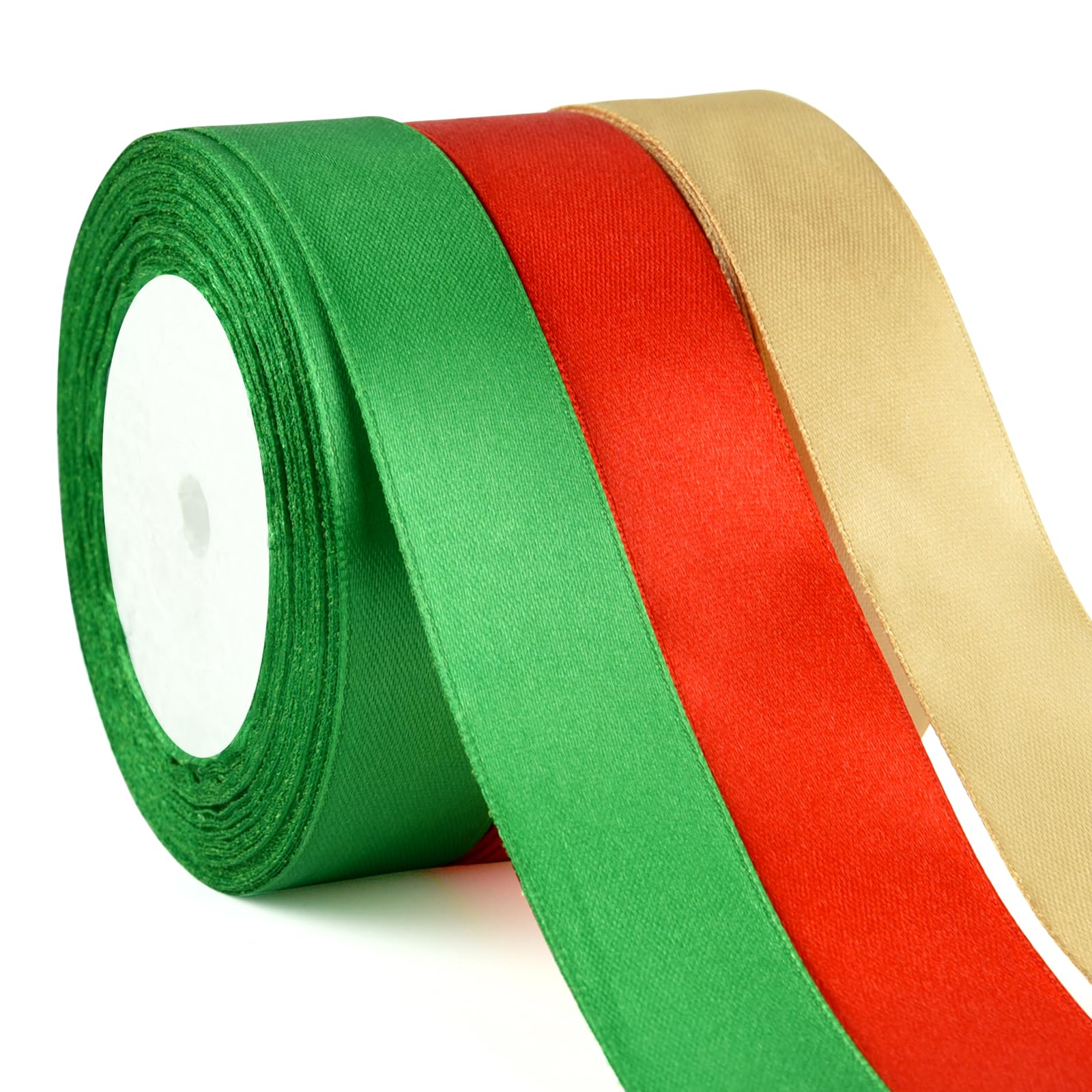 ASTARON Satin Ribbon for Christmas Crafts 1 Inch, Red Green Gold Solid Color Ribbon Fabric Ribbon for Gift Wrapping Bouquets DIY Hair Bows for Christmas Decorations — image 1