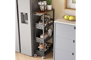 COVAODQ Slim Storage Cart with Handle 4 Tier,Slide Out Storage Rolling Utility Cart Mobile Shelving Unit Organizer Trolley for Small Spaces Kitchen Narrow Places, Black
