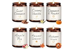 Auelife Fall Candles, 6 Pack Scented Candle Set, 42 oz Autumn Soy Candles for Home Scented, Fall Candle Gifts Set for Men and Women, Autumn Home Decor of Wreath/Apple/Latte/Harvest/Vanilla/Cinnamon