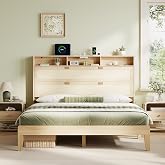 VINGLI Queen Bed Frame with Storage Headboard and Charging Station, Rattan Platform Bed with Shelves, Modern Wood Bed No Box Spring Needed, Space Saving Design for Bedroom