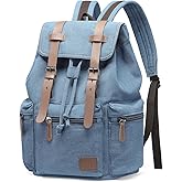 DTGN Vintage Canvas Backpack for Men & Women, Durable Casual Daypack with Leather Accent, Fits for College, Work, Travel, & Outdoor, Blue