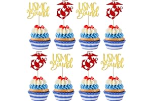 YCTHUNFISH 24 Pack Military Cupcake Toppers Glitter Semper Bound Emblem Cupcake Picks Navy Congrats Army Theme Birthday Cake Decorations Party Supplies Red Gold