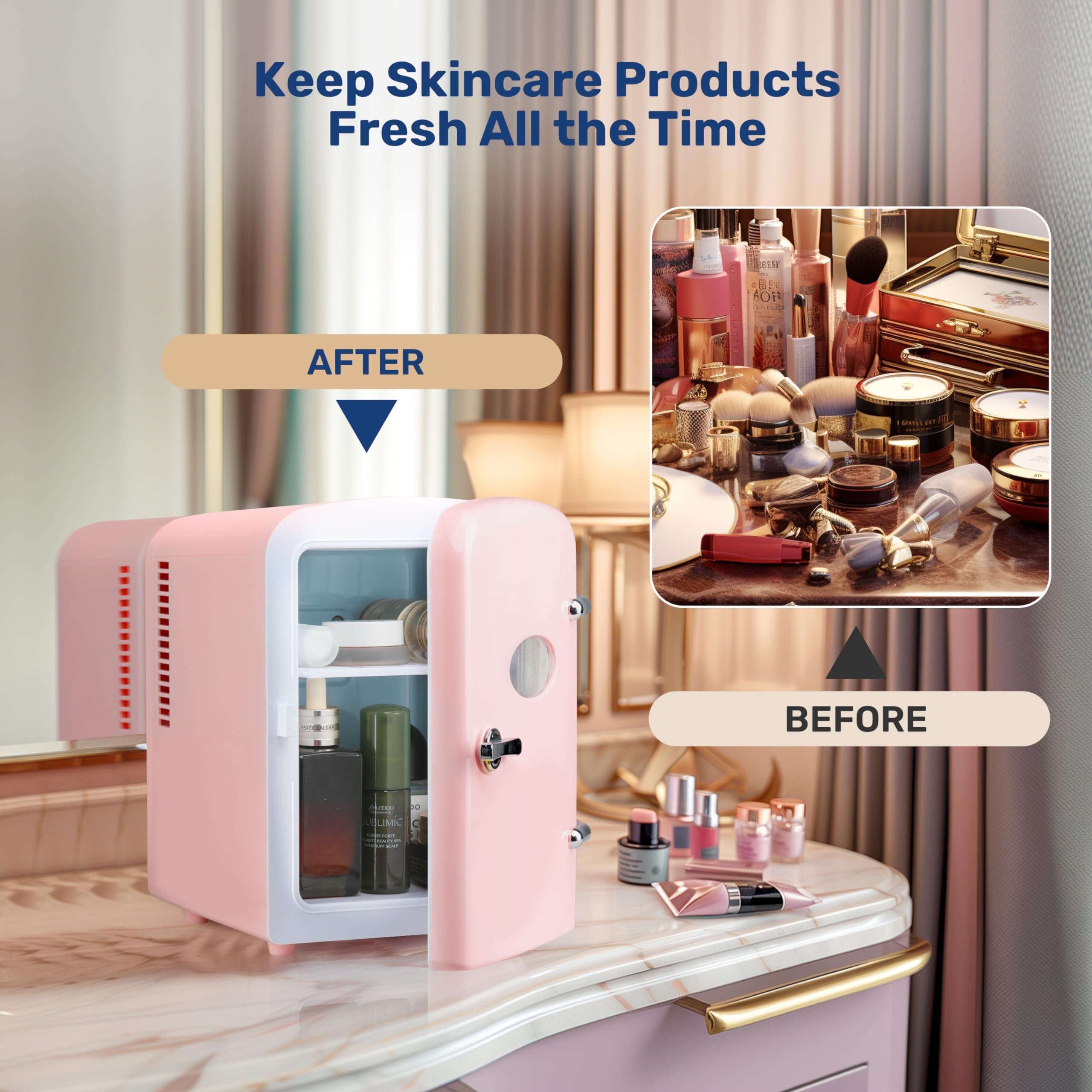 Simple Deluxe 4L 6 Can Mini Fridge with Observation Window, Portable Warmer & Cooler Compact Refrigerator, 100% Eco Friendly and Freon-Free, Pink.