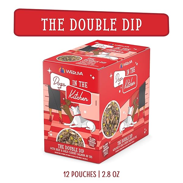 WERUVA DOGS IN THE KITCHEN, THE DOUBLE DIP WITH BEEF & WILD-CAUGHT SALMON AU JUS DOG FOOD, 2.8OZ POUCH (PACK OF 12), RED