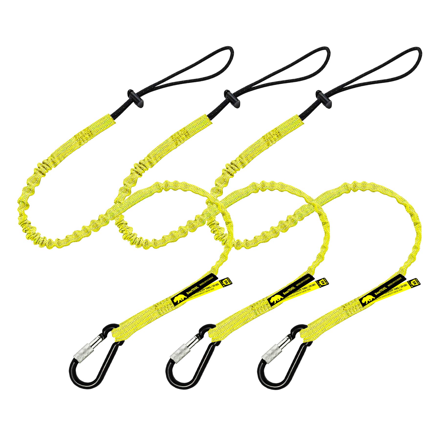 BearTOOLS Tool Lanyard with Buckle Strap - Clip Bungee Cord - Heavy Duty Screw Locking Carabiner - Fall Protection and Safety - Adjustable Loop End - Tough Tether - Construction - 3PK (Yellow 0923YS)
