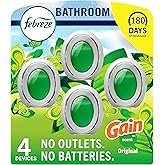 Febreze Bathroom Air Freshener, Odor-Fighting, Plug-in Alternative, Air Fresheners for Small Spaces in Home, Bathroom, Kitchen, &amp; Closet, Pet &amp; Litter Box Odor Fighter, Gain Original Scent, 4ct