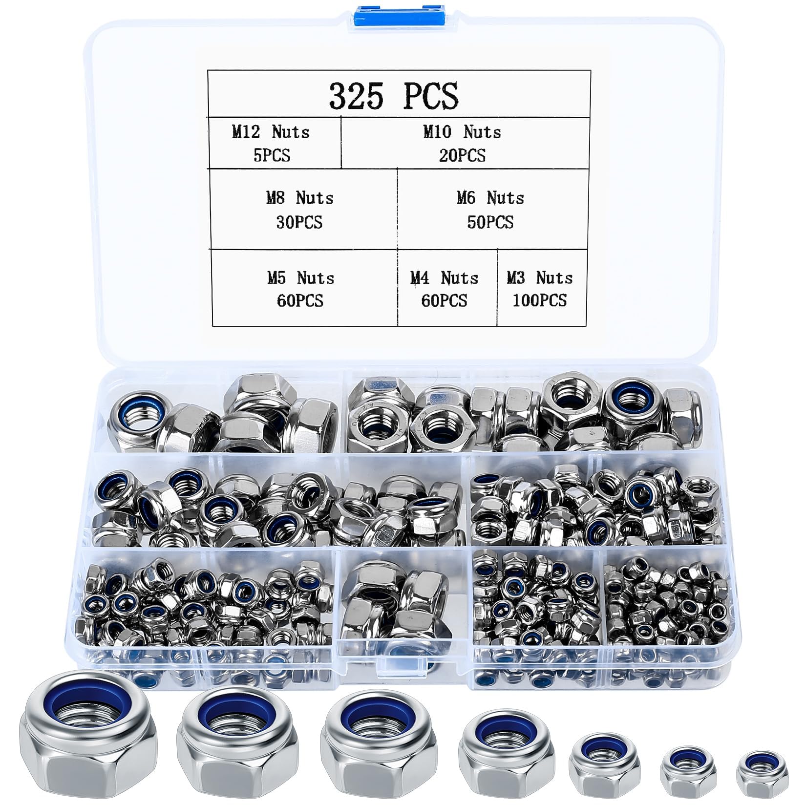 TA-VIGOR 325Pcs Nylon Hex Lock Nuts Assortment Kit, M3 M4 M5 M6 M8 M10 M12 Stainless Steel Nylon Insert Self-locking Nuts, Hexagon Threaded Nyloc Nut Set with Storage Box for Lock Washers Bolts Screws