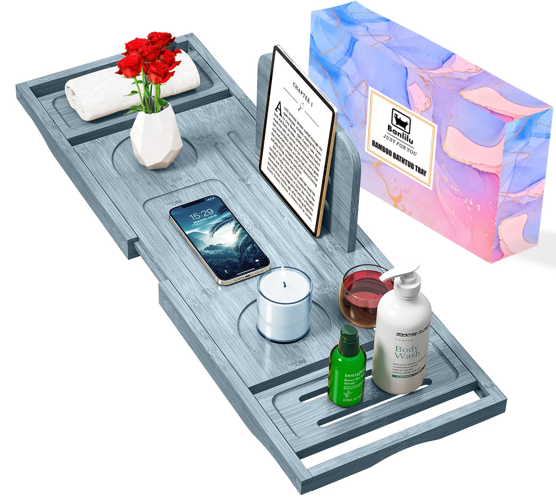 Photo 1 of Bathtub Tray Caddy - Bath Tray - Bath Tub Tray Caddy - Bamboo Bath Tray for Tub - Expandable Size, Fits Most Tubs