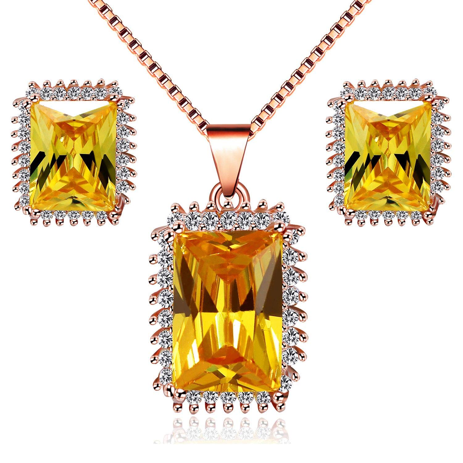 Uloveido Women Rose Gold Plated Rectangle Simulated Citrine Champagne Yellow Cubic Zirconia Necklace CZ Stud Drop Earrings Wedding Engagement Bridal Bridesmaid Jewelry Set Y446
