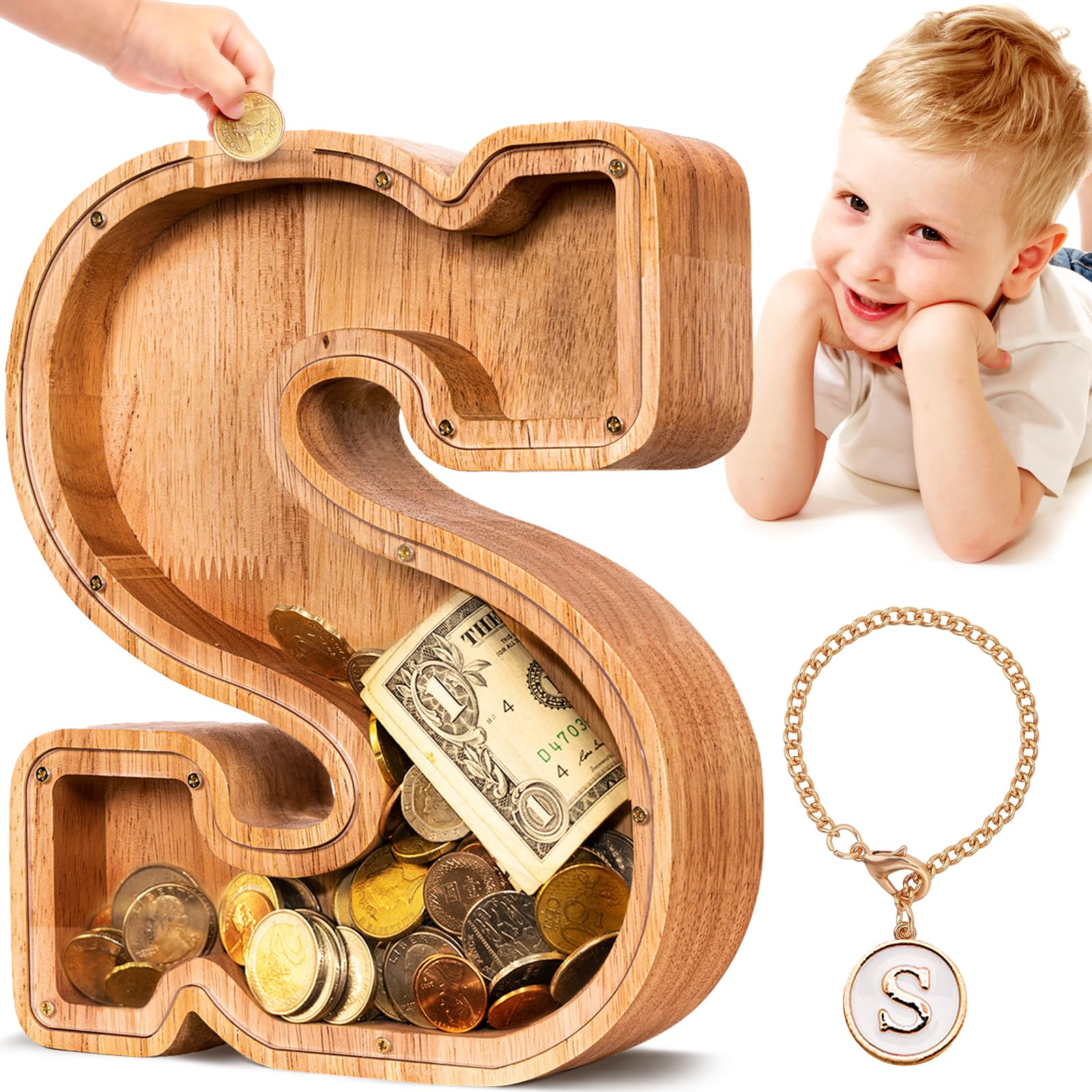 SummiDate Wooden Letter Money Box for Kids, Personalised Piggy Bank for Boys Girls Toddler, Alphabet S Coin Money Bank for Birthday Children's Day Gift