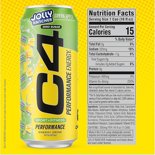 C4 PERFORMANCE ENERGY DRINK, JOLLY RANCHER VARIETY PACK, ZERO SUGAR CARBONATED PREWORKOUT ENERGY, 200MG CAFFEINE WITH BETA ALANINE, 16 FL OZ (12 PACK)
