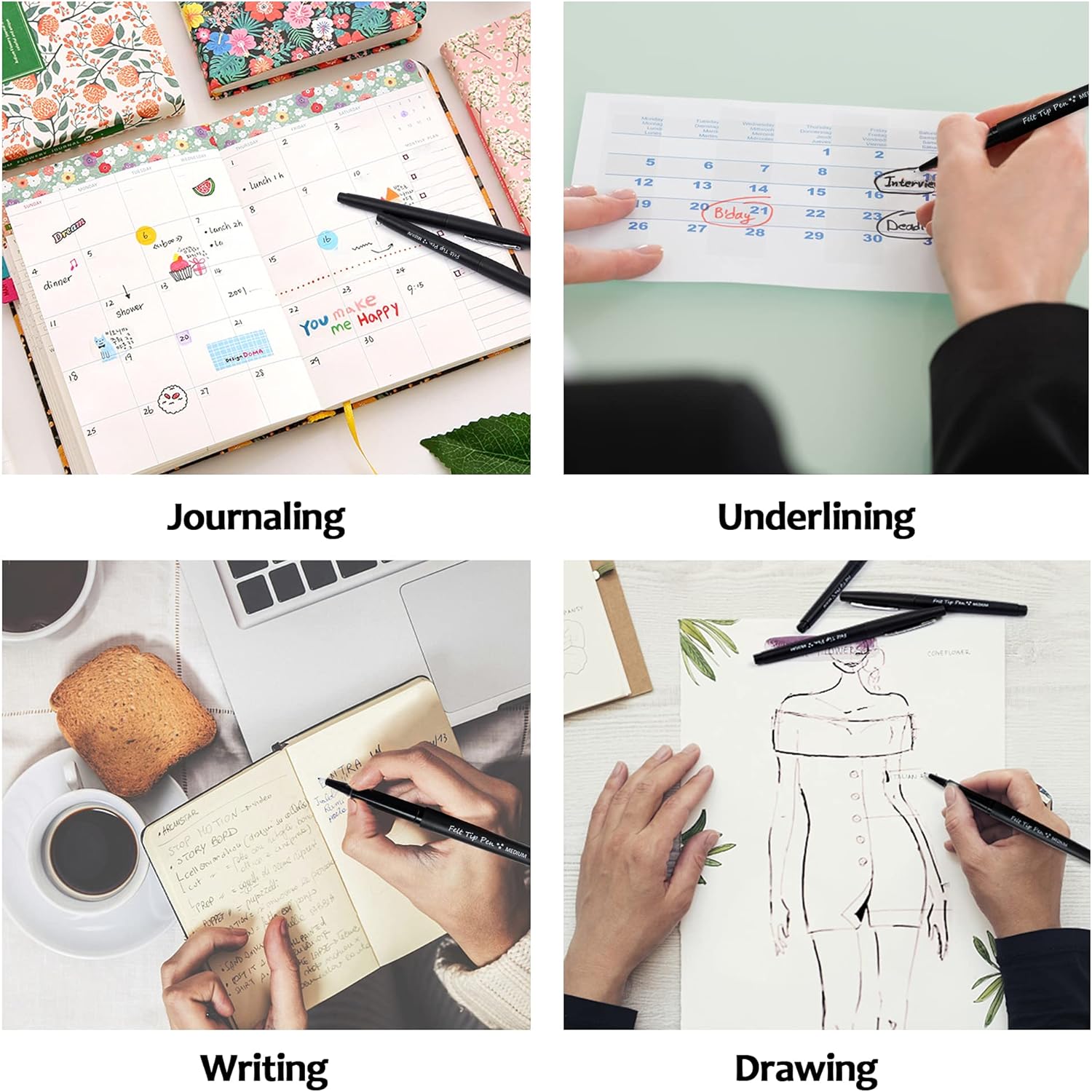 Lelix Felt Tip Pens, 15 Black Pens, 0.7mm Medium Point Felt Pens, Felt Tip Markers Pens for Journaling, Writing, Note Taking, Planner, Perfect for Art Office and School Supplies : Office Products