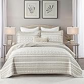 BCOTTOND King Quilt Set, 100% Cotton Boho Quilt King Size Bohemian Striped Pattern Bedspread King Lightweight Quilt Bedding Set Comforter Set All Season, 3 Piece, Beige Gray