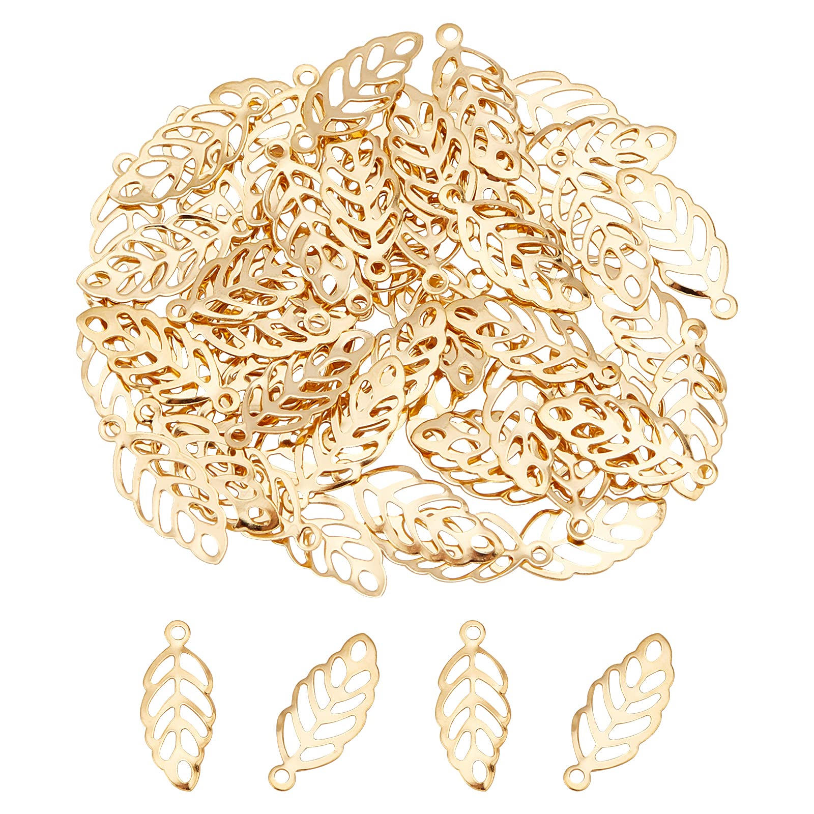 UNICRAFTALE about 120pcs Golden Leaf Charms Stainless Steel Leaf Pendants Metal Hollow Leaf Earring Charms Bracelet Pendants Clear-veined Leaf Charms for Necklace Jewelry Making, Hole 1mm — image 1