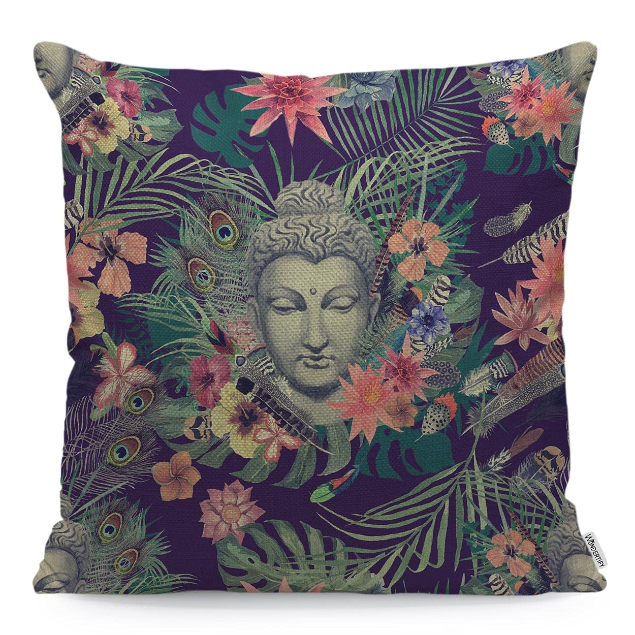 WONDERTIFY Buddha Cushion Cover Flowers Peacock Feathers Buddha Pillowcases for Men Women, Pillow Cover Living Room Farmhouse Colorful 45X45 Cm