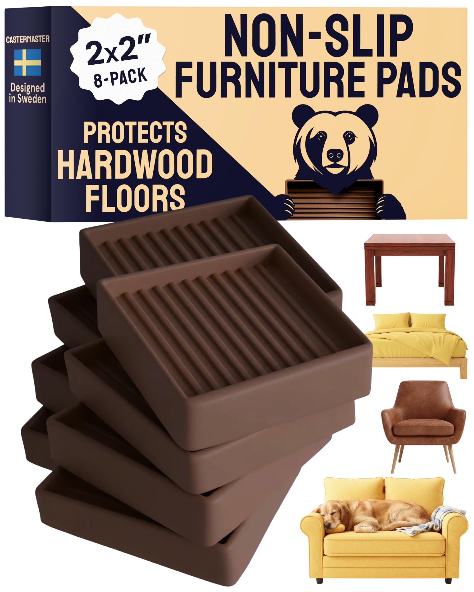 CasterMaster Non-Slip Furniture Pads Floor Protectors, 2x2 Square Rubber Anti Skid Caster Cups, Set of 8 Anti-Sliding Floor Protectors, Brown