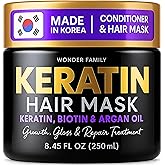 WONDER FAMILY Keratin Hair Mask for Damaged Hair – Deep Conditioning, Hair Gloss, Growth & Repair Treatment with Biotin – Korean Hydrating Hair Moisturizer Mask for Curly, Frizzy, Bleached Hair