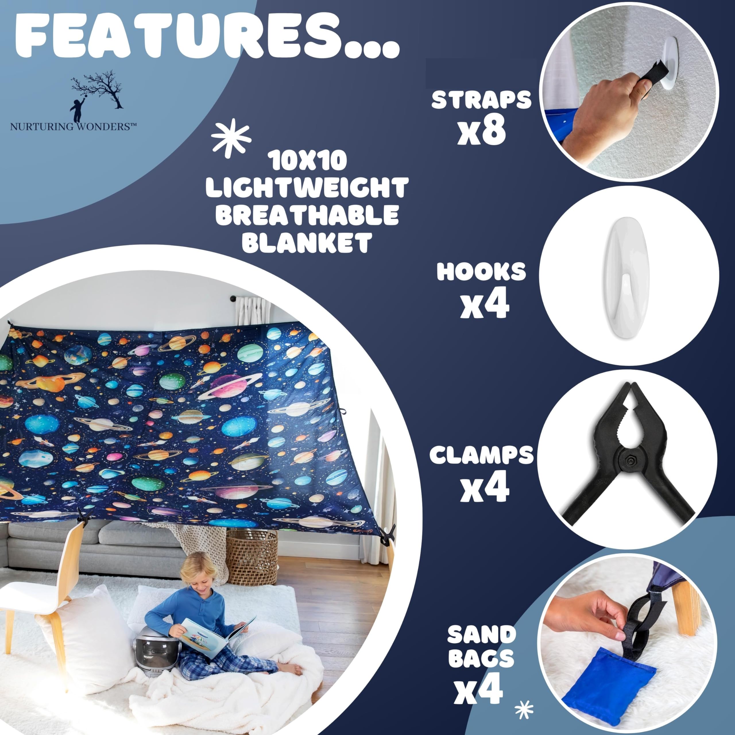 Blanket Fort Building Kit, X-Large 10' x 10' with Clips, Hooks and Sandbags, Play Blanket Fort Indoor Kit, Use as a Canopy, Play Stage Background - Space