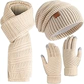 Pleneal Winter Womens Beanie Hat Scarf Gloves Set, Slouchy Beanie Knit Scarf Touchscreen Gloves Warm 3 Gift Set